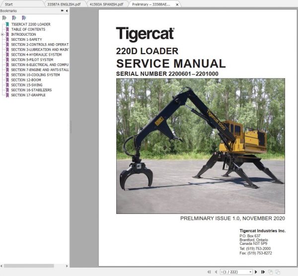 Tigercat Loader 220D 2200601 2201000 Operators Service Manual 2