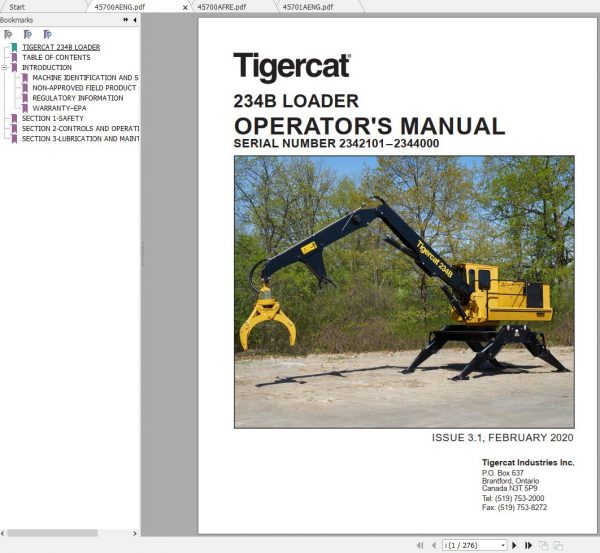 Tigercat Loader 234B 2342101 2344000 Operators Service Manual 2