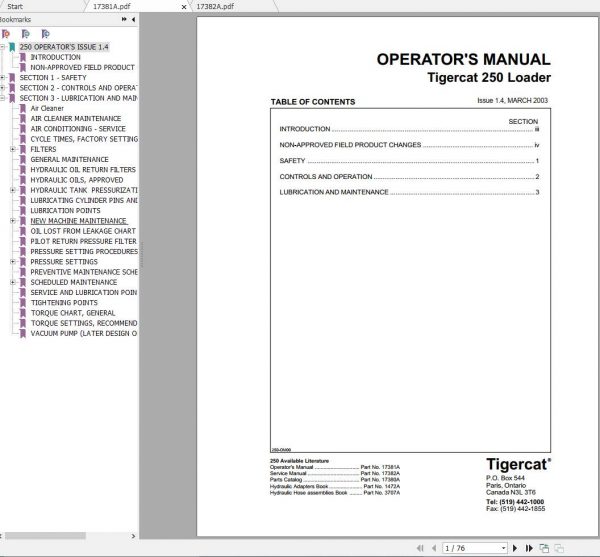 Tigercat Loader 250 2500101 2500499 Operators Service Manual 1