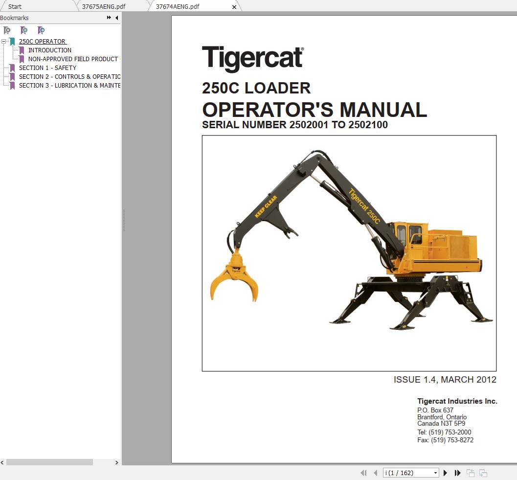 Tigercat Loader 250C 2502001 2502101 Operators Service Manual 2