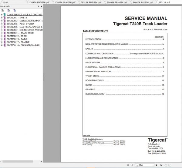 Tigercat Loader T240B 240T0201 240T1000 Operators Service Manual 1