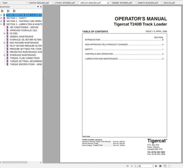 Tigercat Loader T240B 240T0201 240T1000 Operators Service Manual 2