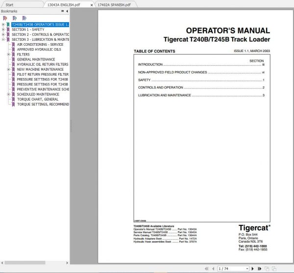 Tigercat Loader T245B 245T0301 245T0499 Operators Manual 1