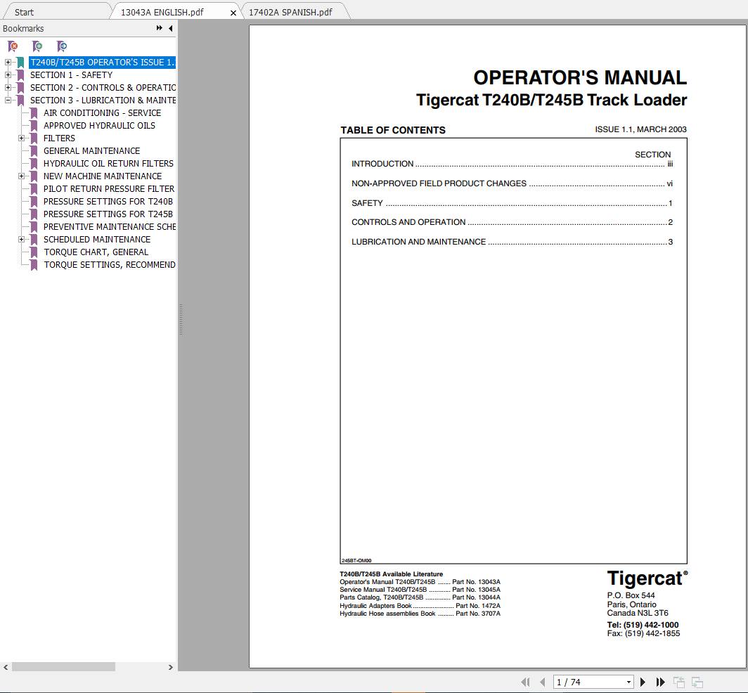 Tigercat Loader T245B 245T0301 245T0499 Operators Manual 1