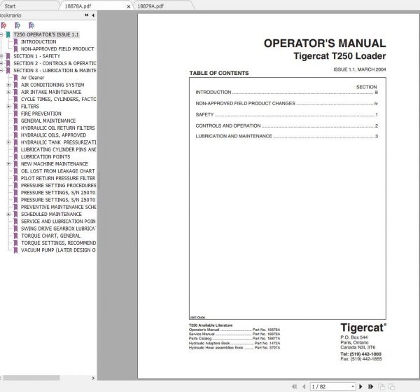 Tigercat Loader T250 250T0101 250T0499 Operators Service Manual 1