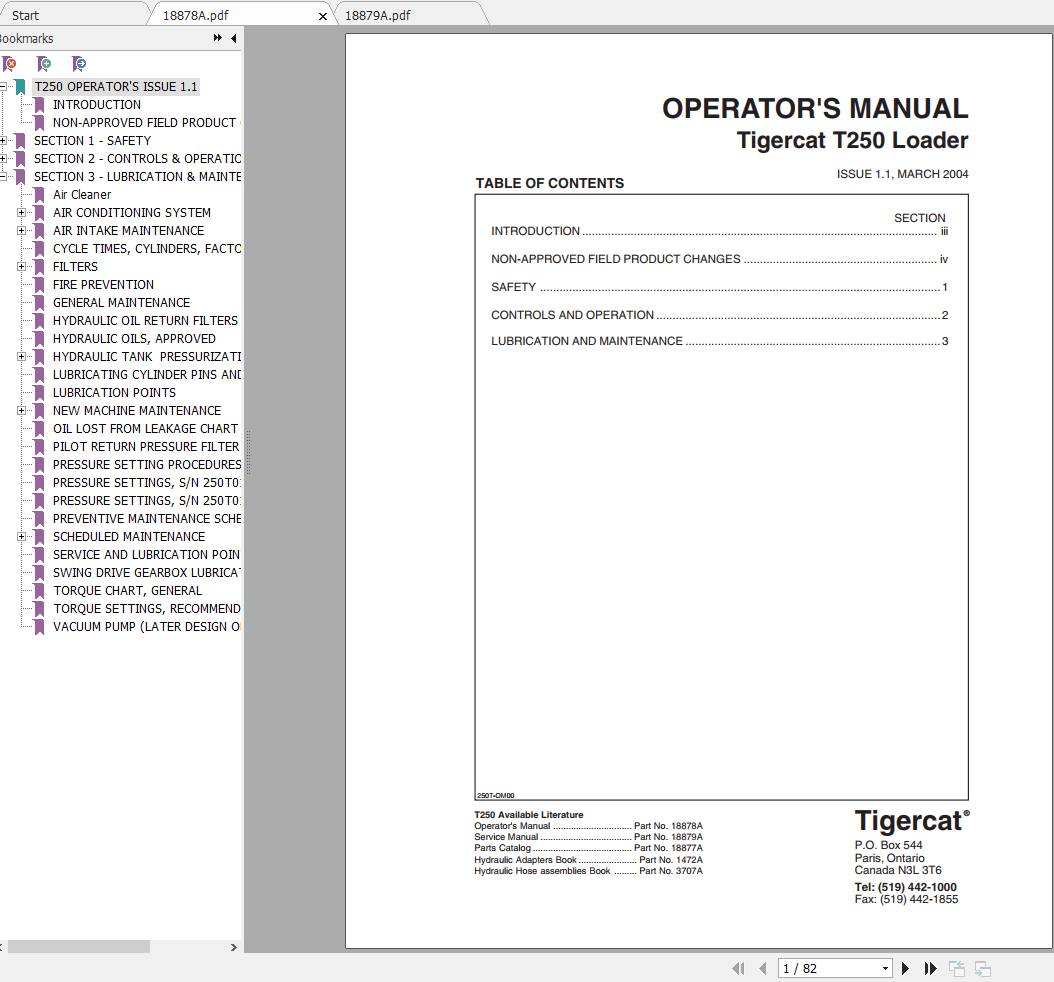 Tigercat Loader T250 250T0101 250T0499 Operators Service Manual 1