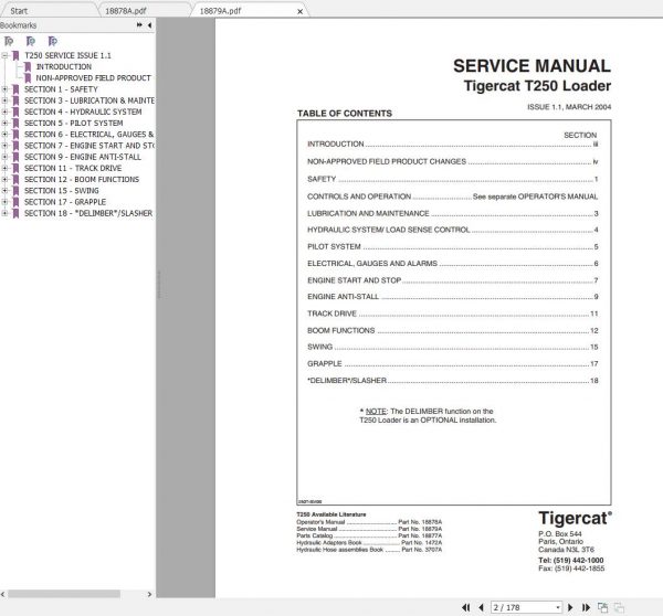 Tigercat Loader T250 250T0101 250T0499 Operators Service Manual 2