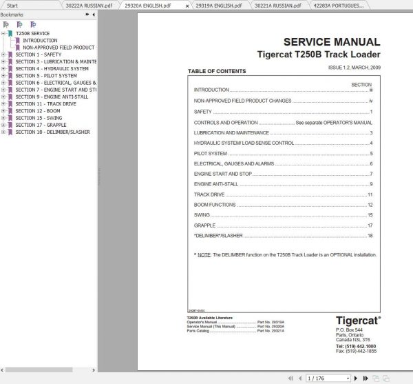 Tigercat Loader T250B 250T0501 250T2000 Operators Service Manual 1