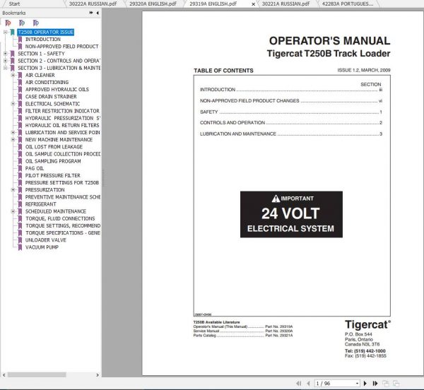 Tigercat Loader T250B 250T0501 250T2000 Operators Service Manual 2