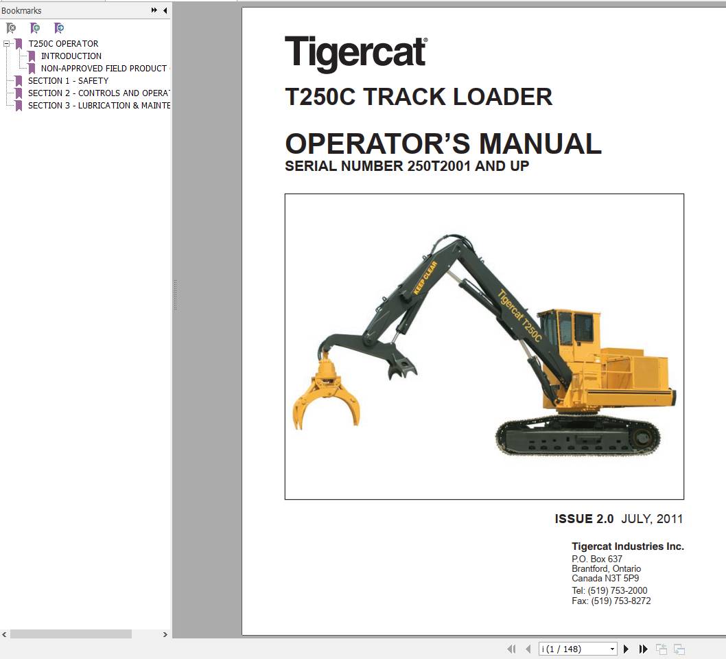 Tigercat Loader T250C 250T2001 250T2100 Operators Manual 1