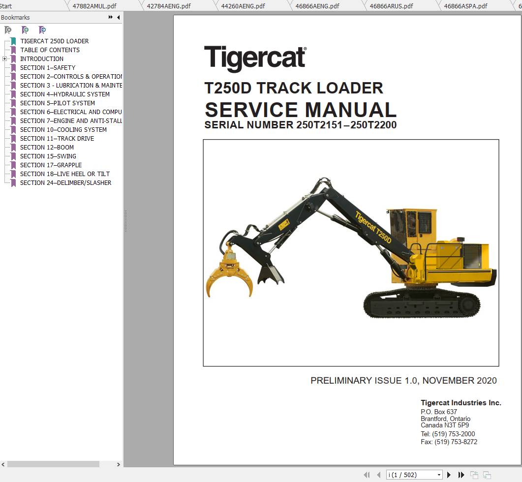 Tigercat Loader T250D 250T2101 250T3500 Operators Service Manual 2