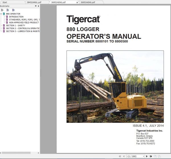 Tigercat Logger 880 8800101 8800500 Operator Service Manual 2