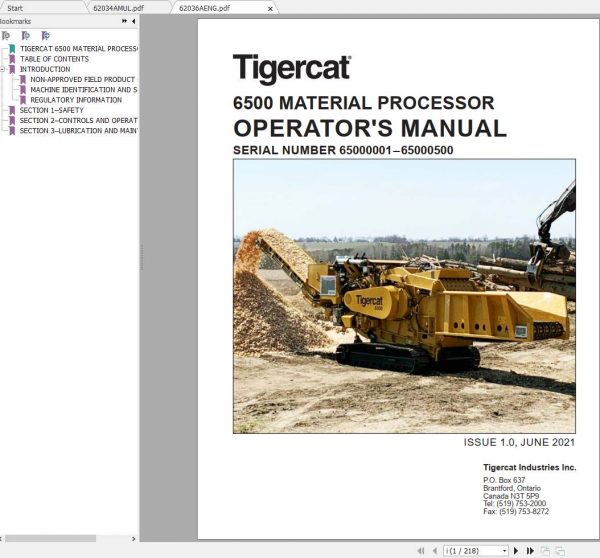 Tigercat Material Processor 6500 65000001–65000500 Operators Manual 62036AENG 1