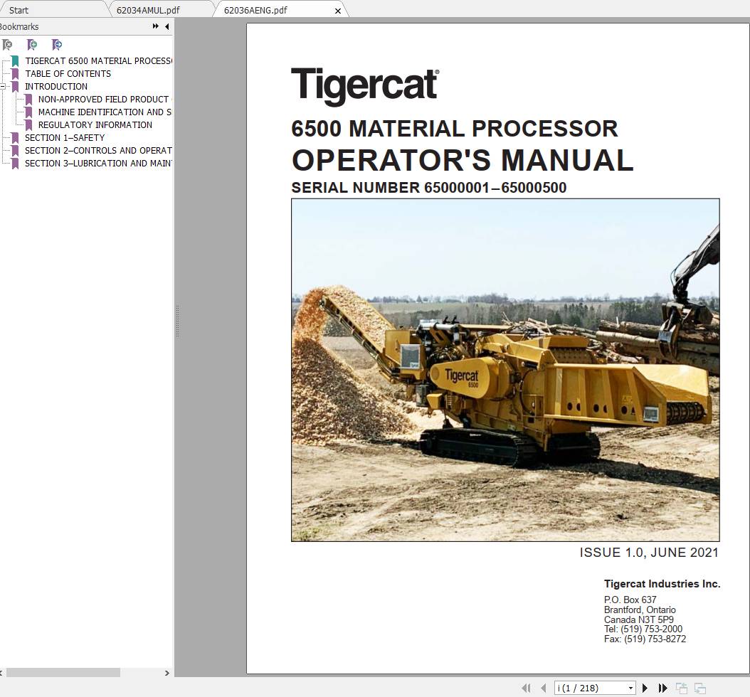 Tigercat Material Processor 6500 65000001–65000500 Operators Manual 62036AENG 1