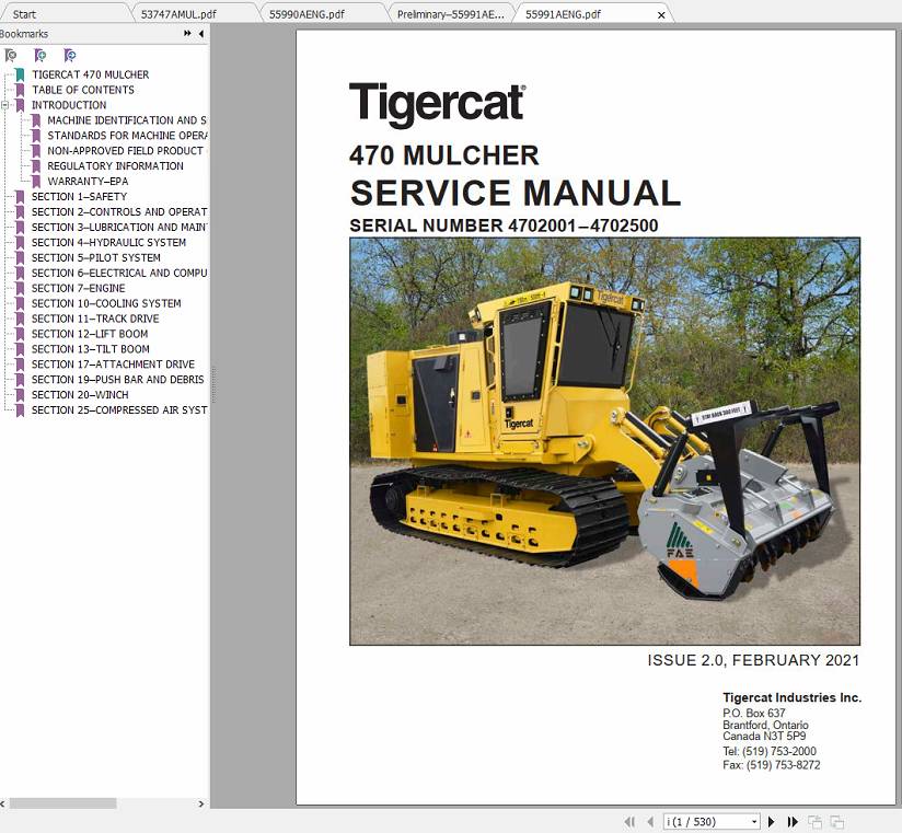 Tigercat Mulcher 470 4702001 4702500 Operator and Service Manual 1