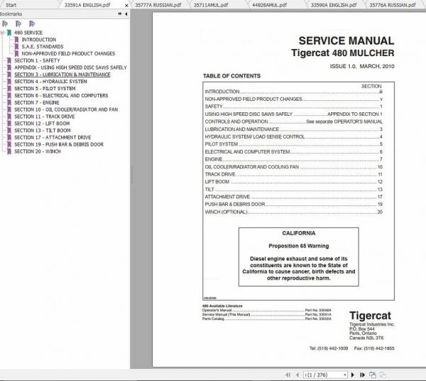 Tigercat Mulcher 480 4800101 4801000 Operator and Service Manual 1