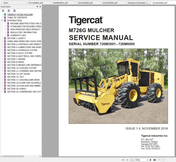 Tigercat Mulcher M726G 726M5001 726M6250 Operator Service Manual 2