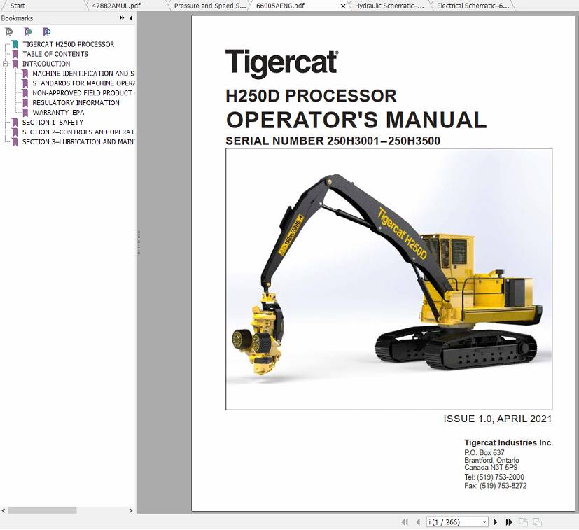 Tigercat Processor H250D 250H3001 250H3500 Operator Manual and Schematic 1
