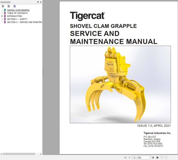 Tigercat Shovel Clam Grapple Service Maintenance Manual 65157AENG 1