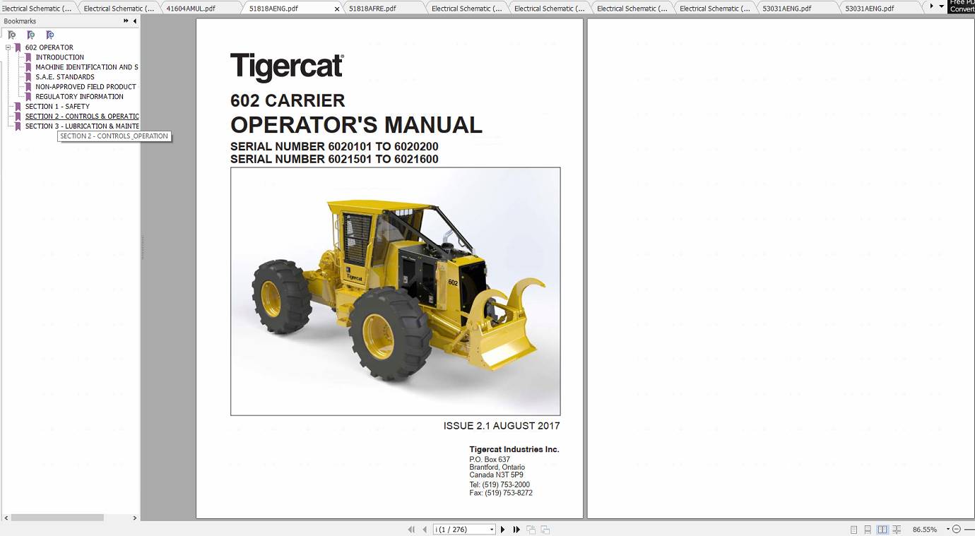 Tigercat Skidder 602 6020101 6027600 Operators Manual Electrical Schematic 2
