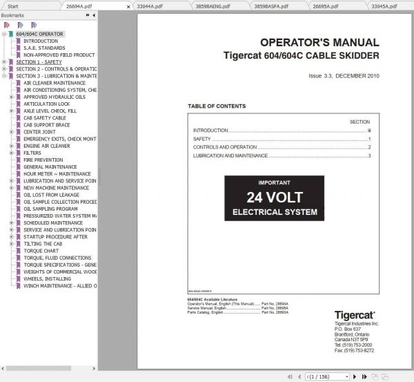 Tigercat Skidder 604 604C Operators Manual Service Manual 1