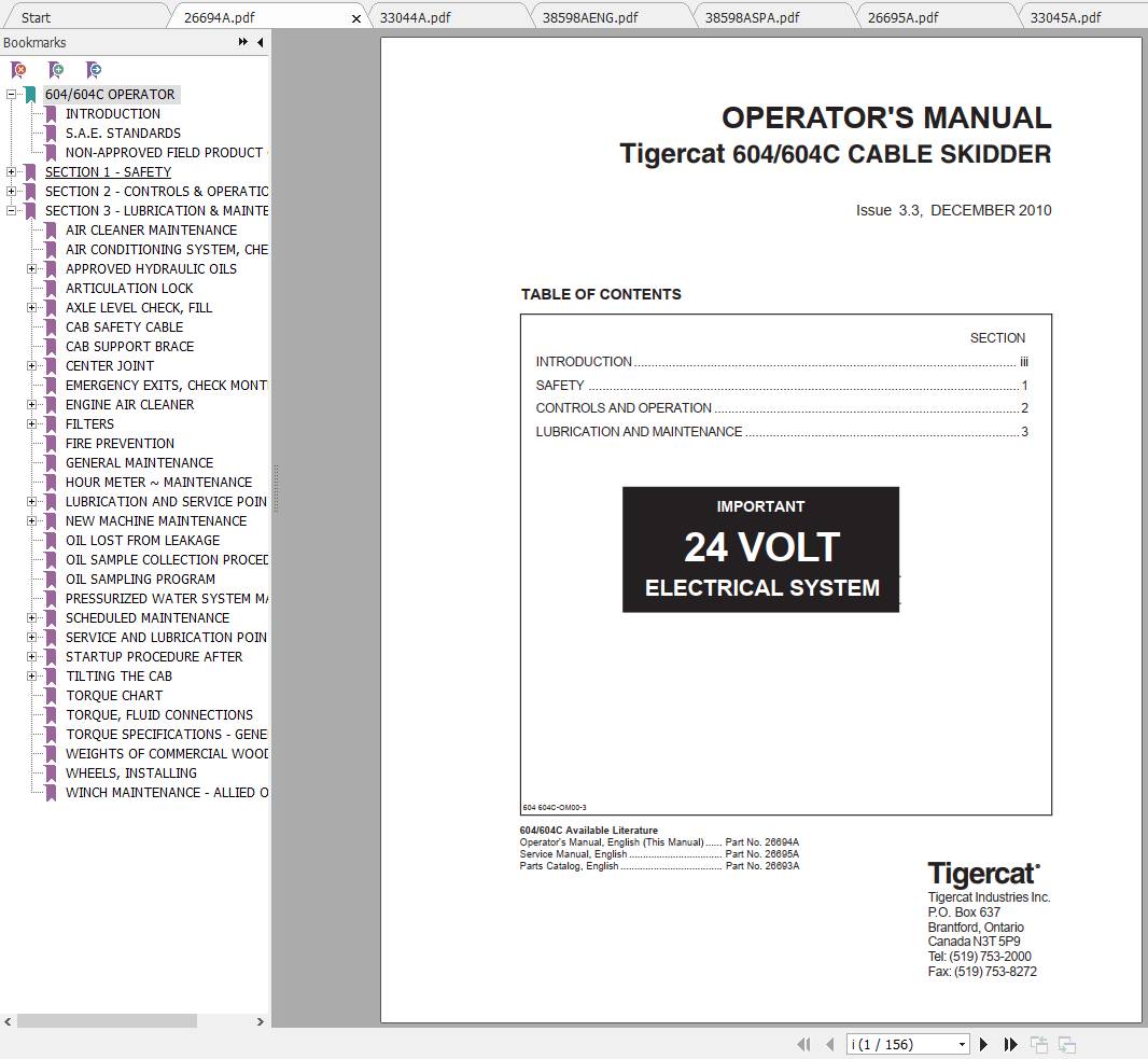 Tigercat Skidder 604 604C Operators Manual Service Manual 1