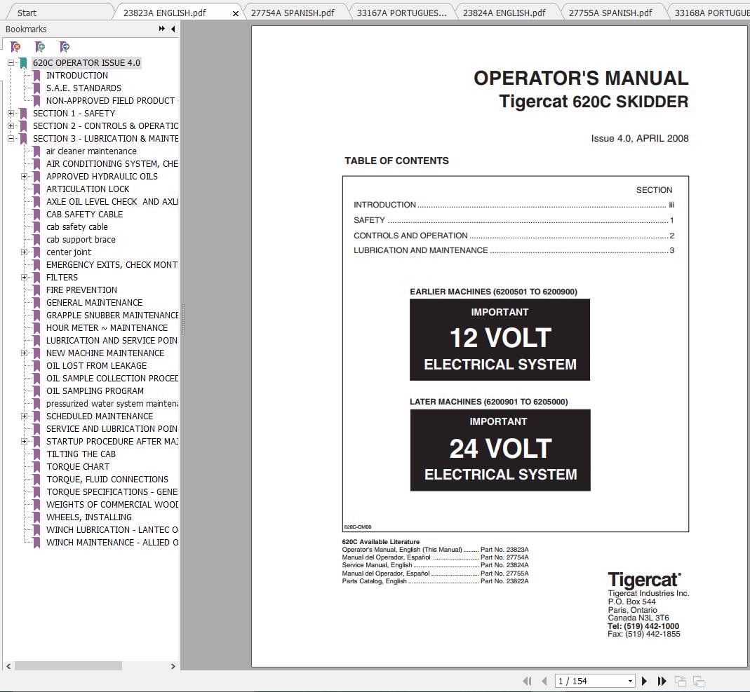 Tigercat Skidder 620C 6200501 6205000 Operators Manual Service Manual 1