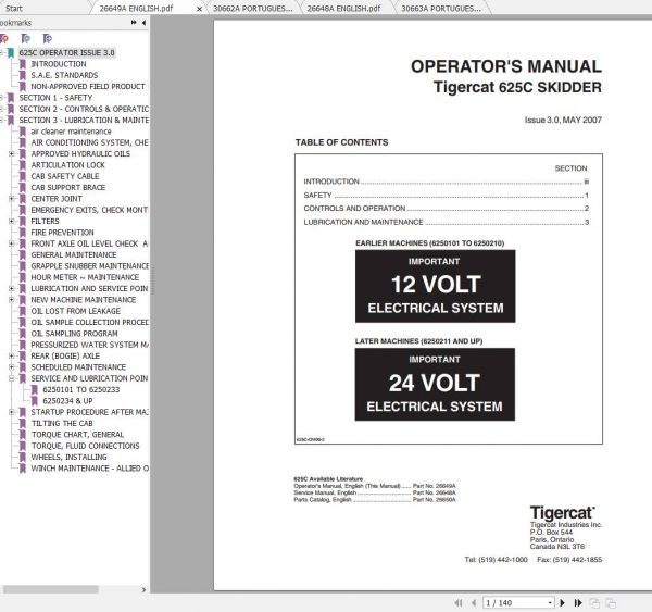 Tigercat Skidder 625C 6250101 6250300 Operator Service Manual 1