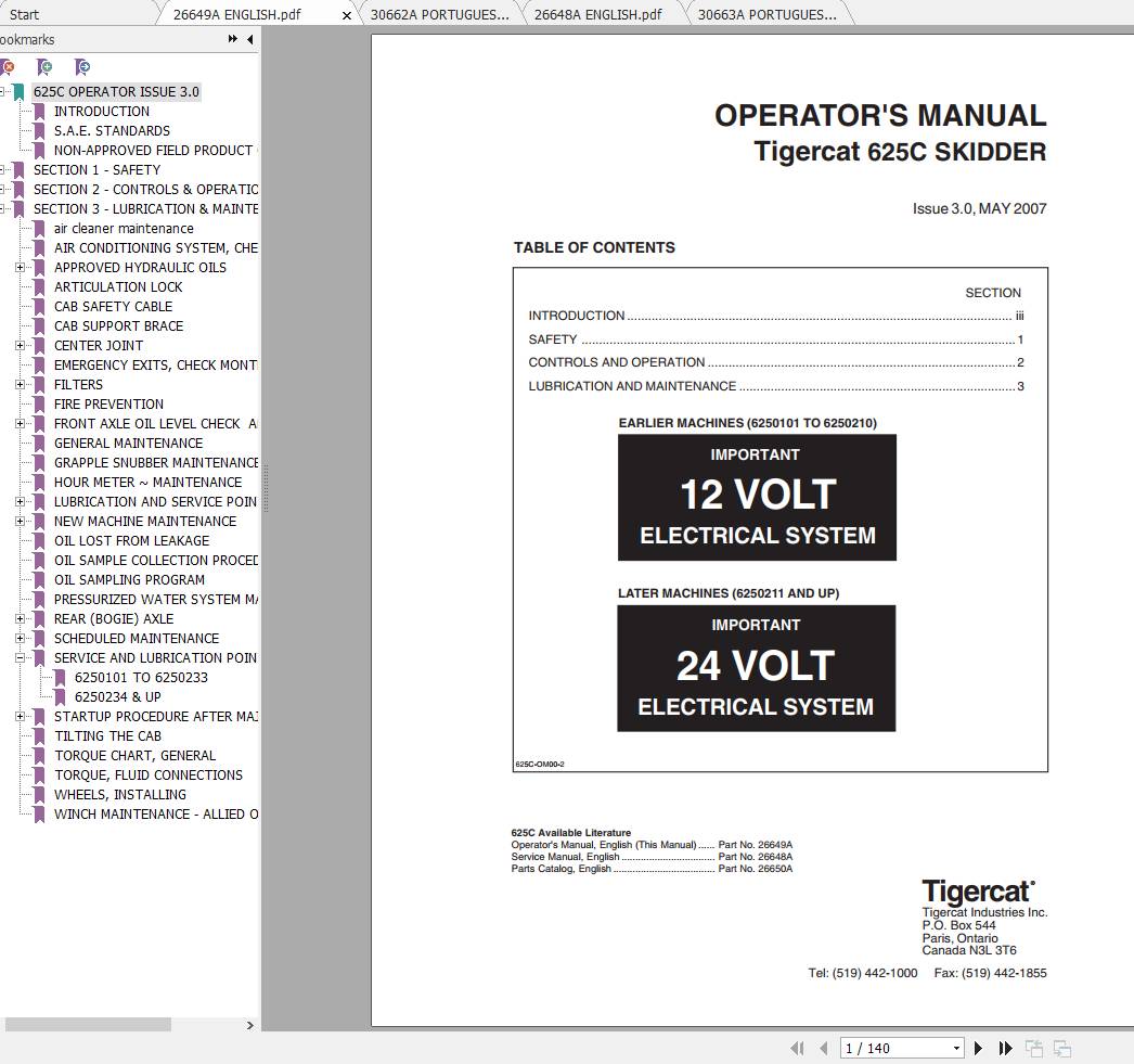 Tigercat Skidder 625C 6250101 6250300 Operator Service Manual 1