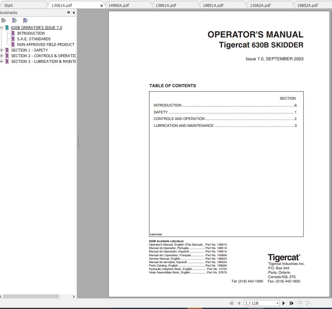 Tigercat Skidder 630B 6301001 6301999 Operators Service Manual 1
