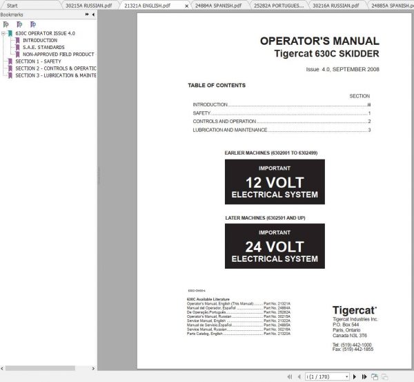 Tigercat Skidder 630C 6302001 6303000 Operators Service Manual 2 1
