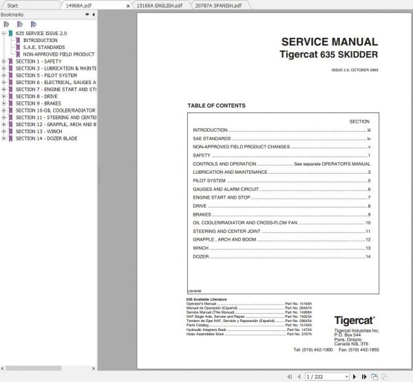 Tigercat Skidder 635 6350101 6350499 Operators Service Manual 1