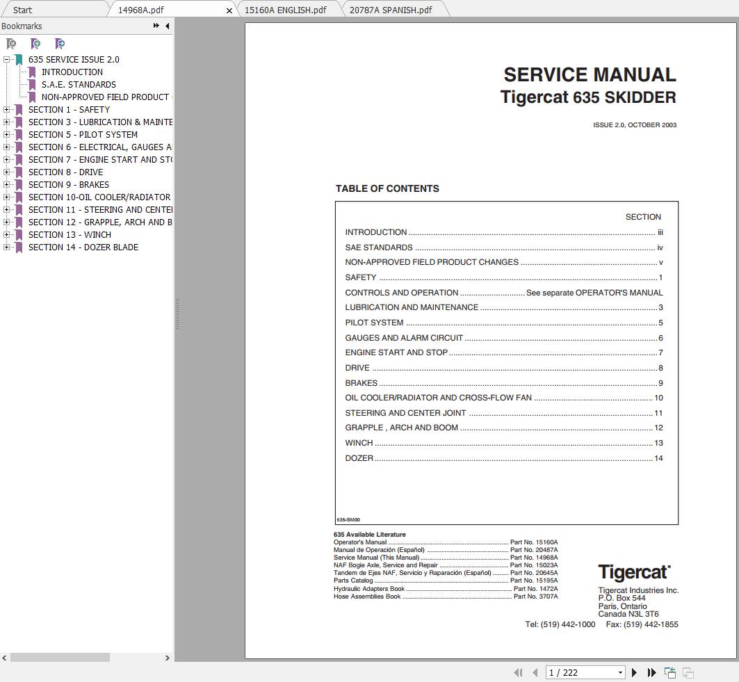 Tigercat Skidder 635 6350101 6350499 Operators Service Manual 1