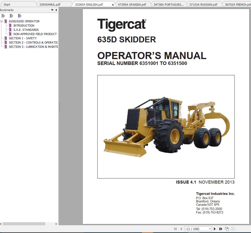Tigercat Skidder 635D 6351001 6351500 Operators Manual Service Manual 1