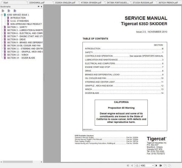Tigercat Skidder 635D 6351001 6351500 Operators Manual Service Manual 2