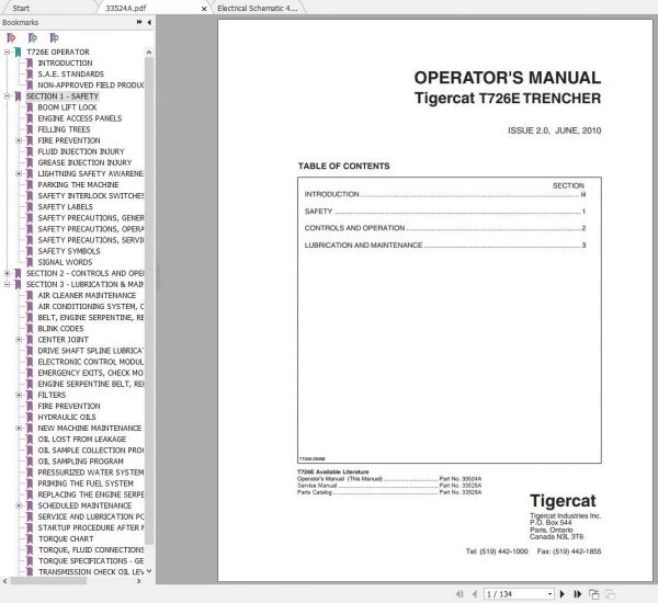 Tigercat Trencher T726E 726T0101 726T0500 Operator Manual 1