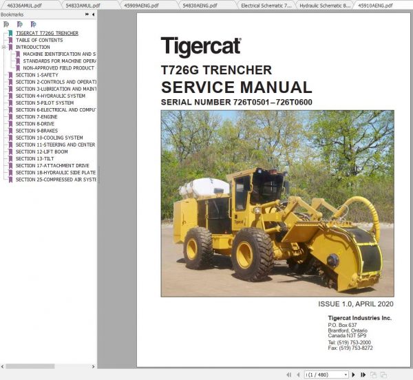 Tigercat Trencher T726G 726T0501 726T0700 Operator Service Manual 1