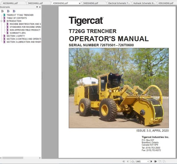 Tigercat Trencher T726G 726T0501 726T0700 Operator Service Manual 2
