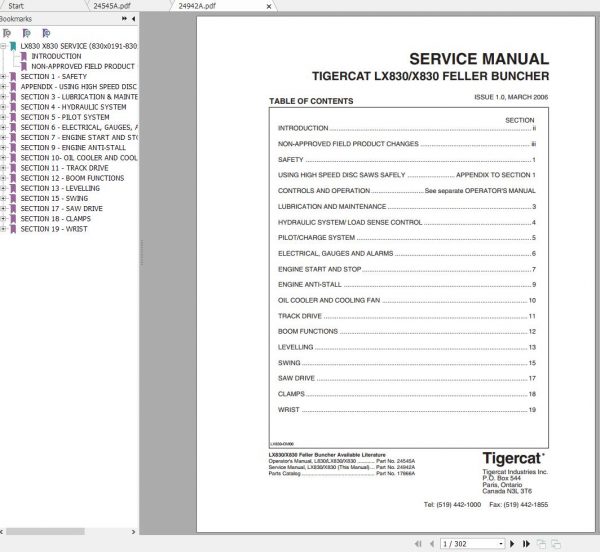 Tigercat X830 LX830 Feller Buncher X830 LX83060191 X830 LX83060999 Operator Service Manual 1 1