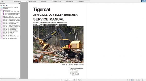 Tigercat X870C LX870C Feller Buncher 87061701 87063500 Operator Service Manual 1