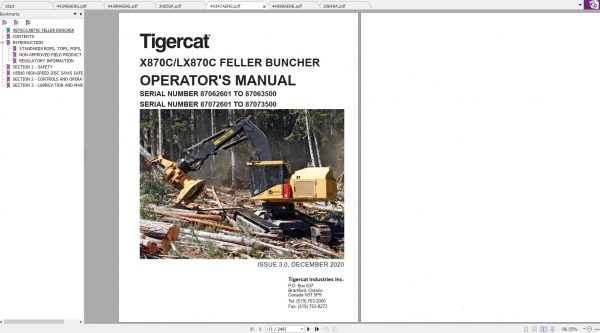 Tigercat X870C LX870C Feller Buncher 87061701 87063500 Operator Service Manual 2
