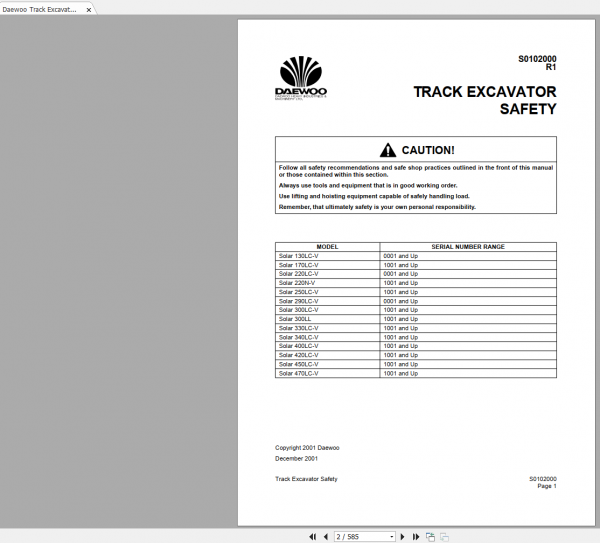 Daewoo Track Excavators Safety Manual 1
