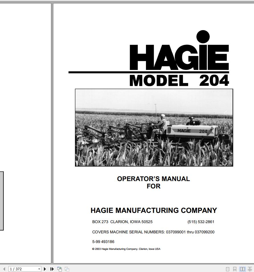 Hagie Hi Tractor 204 037099001 thru 037099200 Operator Manual 493186 2003 1