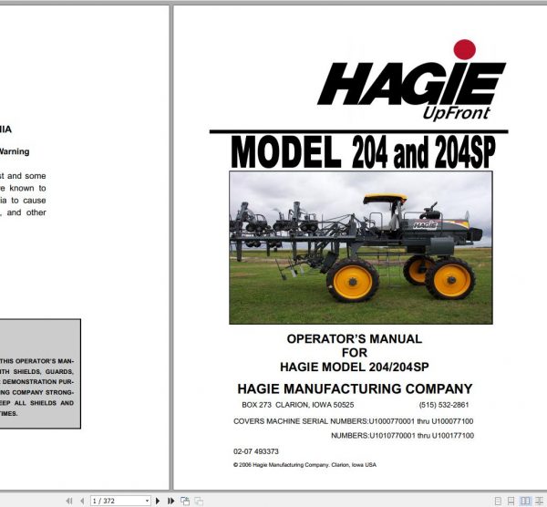 Hagie Hi Tractor 204 204SP U1000770001 thru U100077100 Operator Manual 493373 2007 1
