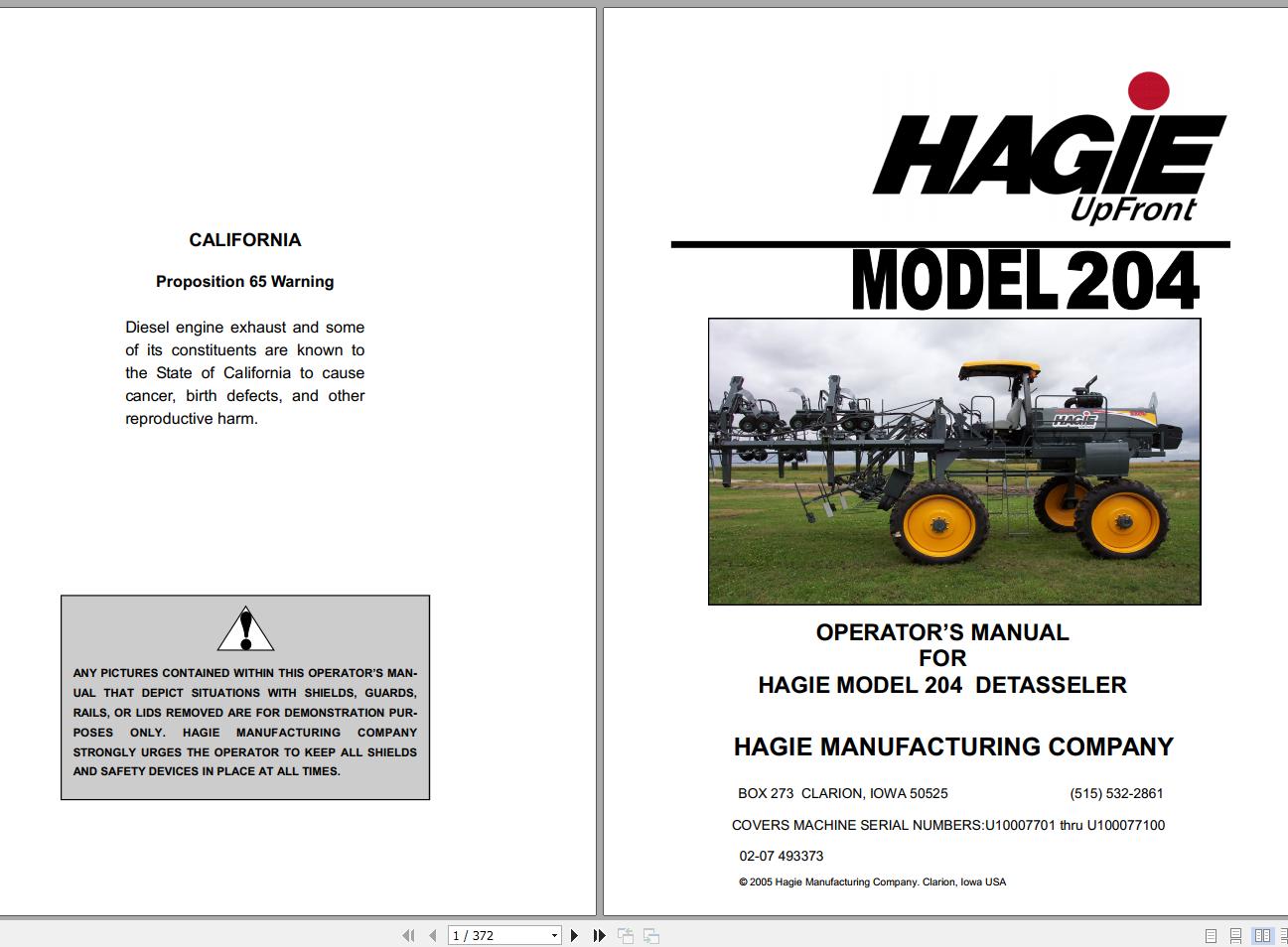 Hagie Hi Tractor 204 U10007701 thru U100077100 Operator Manual 493373 2007 1