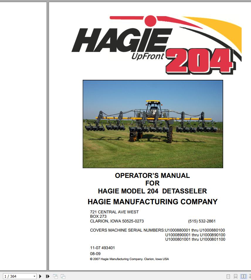Hagie Hi Tractor 204 U1000880001 thru U1000880100 Operator Manual 493401 2009 1