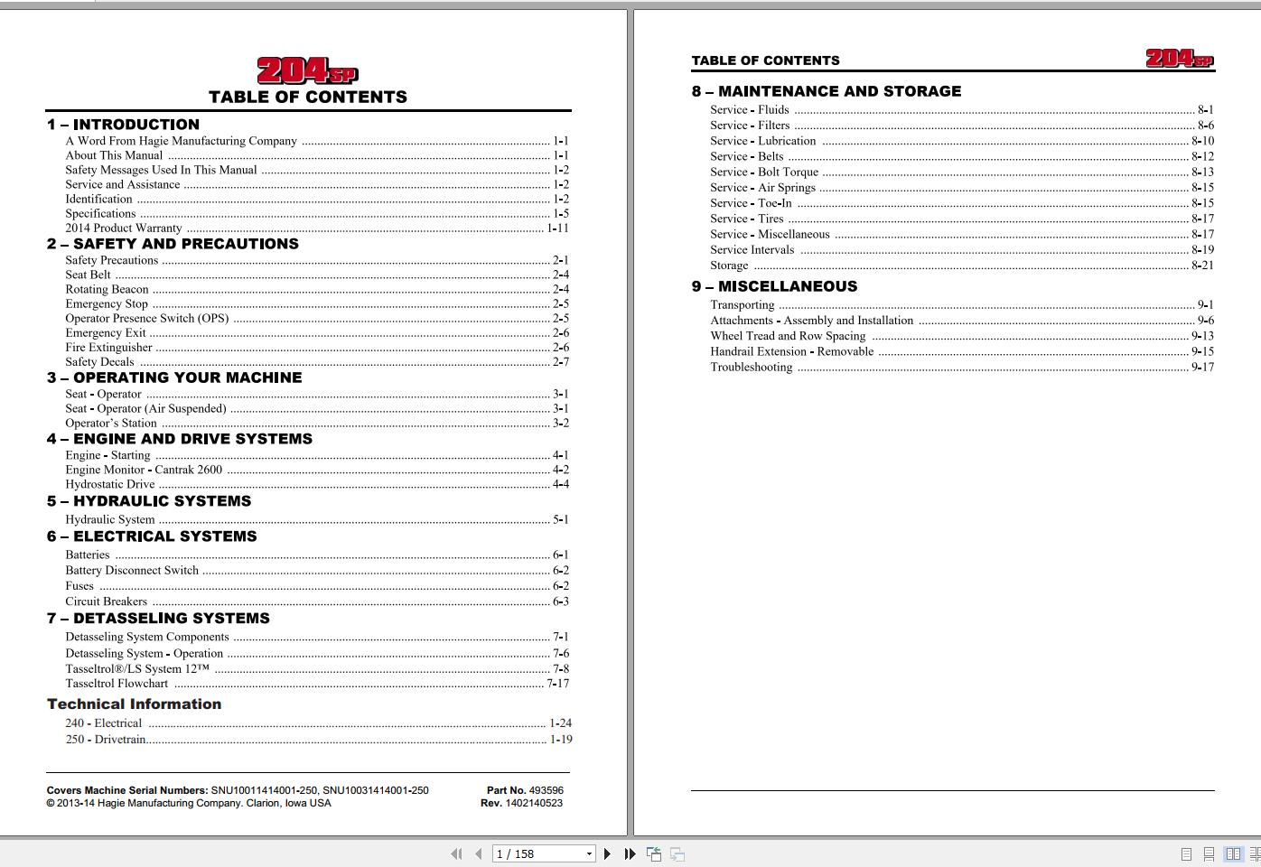 Hagie Hi Tractor 204SP SNU10011414001 250 Technical Manual 493596 2014 1