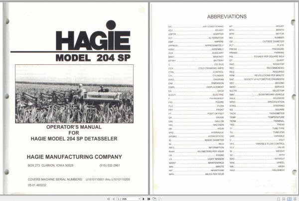 Hagie Hi Tractor 204SP U1010110001 thru 1010110200 Operator Manual 493232 2001 1