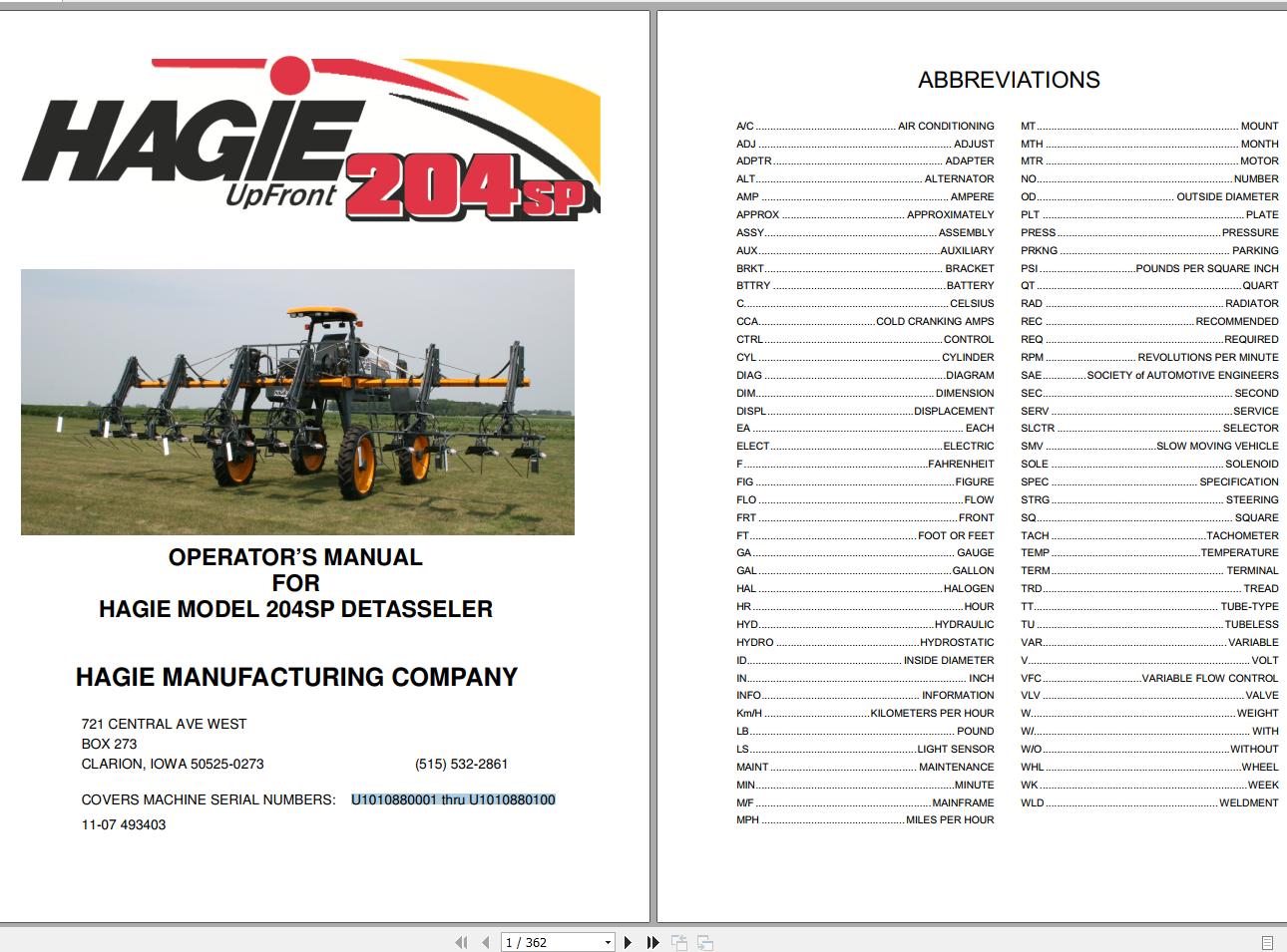 Hagie Hi Tractor 204SP U1010880001 thru U1010880100 Operator Manual 493403 2007 1