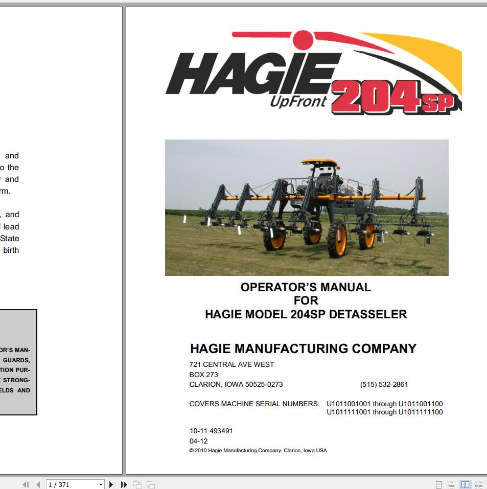 Hagie Hi Tractor 204SP U1011001001 through U1011001100 Operator Manual 493491 2012 1